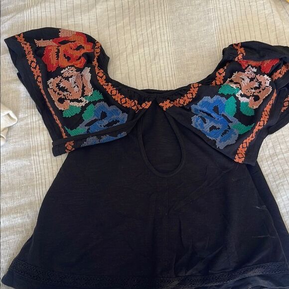 Free People Blue Embroidered Flutter Sleeve Blouse - Picture 5 of 7